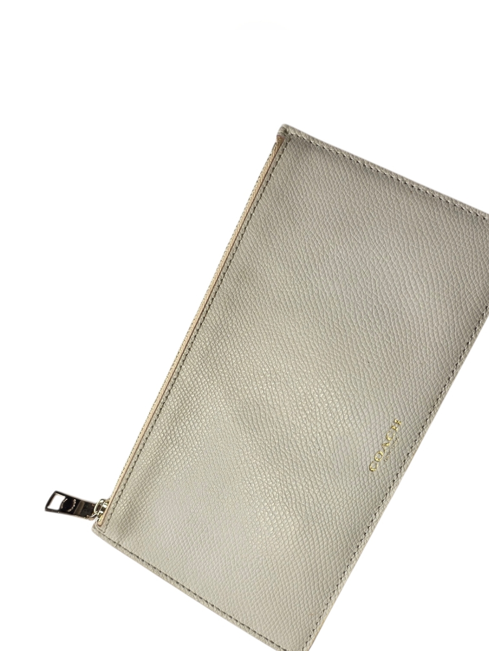Coach Beige Pebbled Leather Zip Pouch Slim Wallet Clutch